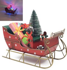 A metal rendition of Santa's sleigh packed with gifts, a Christmas tree and multicoloured LED lights. 