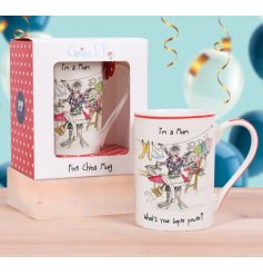 A gift boxed mug with "I'm a Mum, what's your super power" and humorous illustration.
