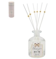 A stylish reed diffuser with "I love you Mum" text, a velvet rose and oud scent and gold bow detailing. 