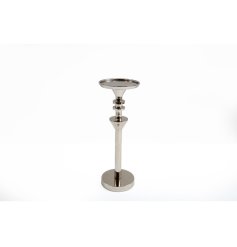 A 25cm aluminium candle stand with a silver metallic finish. 