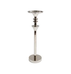 A tall 31.5cm aluminium candle stand with a silver metallic finish. 