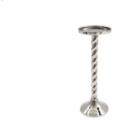A tall silver aluminium candle stick with a shiny metallic finish and twisted stem design. 