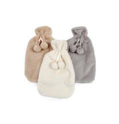 A mix of 3 soft faux fur hot water bottles in beautiful caramel, grey and cream colours. Complete with pom poms