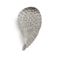 A silver aluminium tray shaped as an angel wing with feather detailing. 