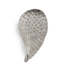 A beautiful silver aluminium tray shaped as an angel wing with feather detailing. 