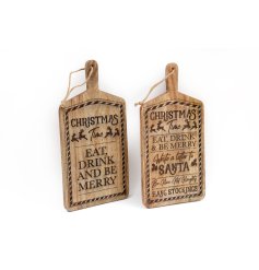A wooden serving board with laser cut Christmas slogans, in 2 assorted designs