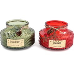 2 luxury scented ribbed candle pots, decorated with traditional foliage. 