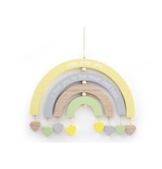 a hanging rainbow sign decorated in pastel colours with mini hearts hung by jute string