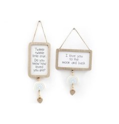 an assortment of 2 hanging wooden baby signs, each with a sweet quote displayed