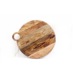 A stylish grazing board with a natural wood grain finish and unique ring handle. 