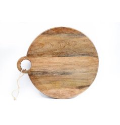 A large rustic wooden chopping / graze board with a unique ring handle and rope detail. 