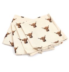 A pack of 4 cotton napkins with a charming highland cow design. 