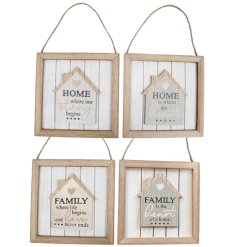 An assortment of 2 wooden hanging signs featuring a 3d house design with wood panelling effect and "Home" quotes. 