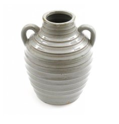 A grey stoneware vase with a symmetrical double handled design and ribbed texture. 