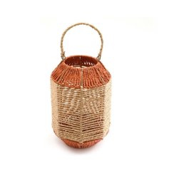 A stylish lantern made from lengths of twisted paper in orange and natural colours. 