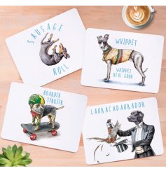 A set of 4 placemats each featuring a different dog breed pun and humorous illustration. 