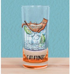 A colourful and characterful glass with fun "catatonic" pun and illustration. 