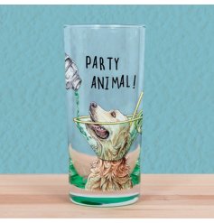 A fun drinking glass with "party animal" text and cocktail inspired illustration featuring an adorable dog!