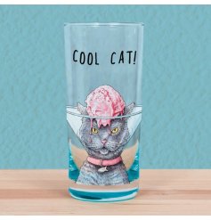 A fun drinking glass with cat illustration and "cool cat" pun text. 