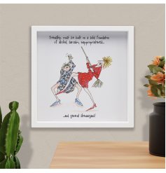 A box framed plaque with fun quote about friendship alongside a humorous illustration. 