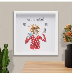 A box framed plaque with humorous "how to tell the time" text alongside a quirky and colourful illustration. 