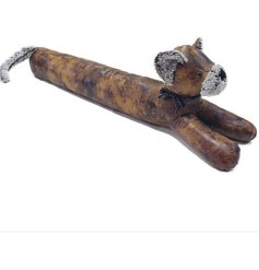 A faux leather cat draught excluder with faux fur detail.