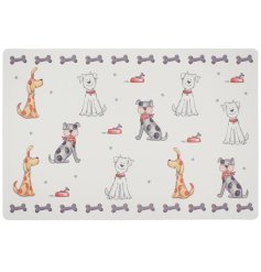 A white placemat with cute and colourful dog illustrations and a bone print border. 