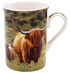 A fine china tall mug featuring a highland cow and calf print within a beautiful countryside setting. 
