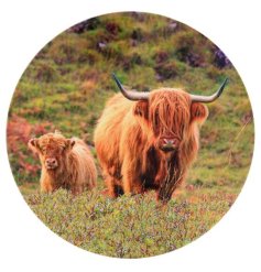 A worktop saving trivet featuring a highland cow and calf print within a beautiful countryside setting. 