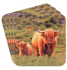 A set of 4 coasters featuring a highland cow and calf print within a beautiful countryside setting. 