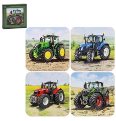 A set of 4 coasters each featuring a colourful tractor design in a scenic countryside setting. 