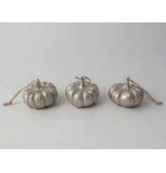 An assortment of 3 champagne coloured hanging decorations in a pumpkin design