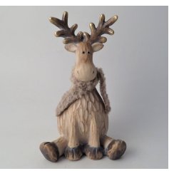A charming woodland reindeer, sat down wearing a fluffy scarf