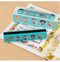 A colourful wooden harmonica with a cute animal design. Complete with matching gift packaging.
