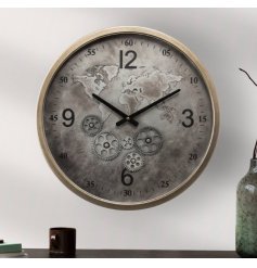 A large wall clock featuring silver details including edging and hands with cog detailing and world print. 