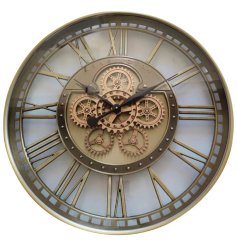 A large wall clock with cut out features and roman numerals, cog design and beautiful gold colour scheme. 