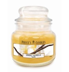 A small glass jar candle with lidded design and sweet vanilla fragrance. 