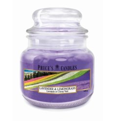 A lidded glass jar candle with a lavender and lemongrass scent and colourful purple design. 