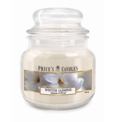 A stylish lidded glass jar candle with a winter jasmine scent. 