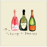 A cheerful greeting card with colourful champagne bottles illustrations and "fizzy-o-therapy" pun message. 