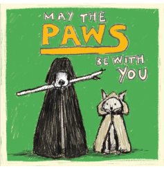 Colourful "May the paws be with you" star wars themed greeting card with dog and cat illustrations. 