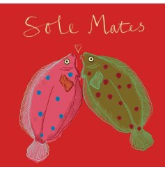 A bright and bold greeting card with "sole mate" pun text and sole illustration. 