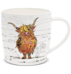 A fine china mug with artist Bug Art's colourful Hamish Highland Cow. 