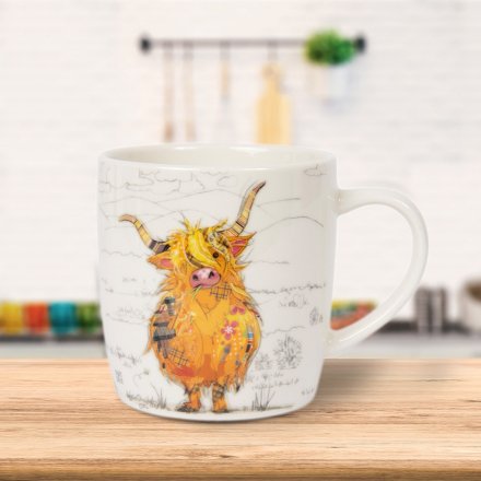 A fine china mug with artist Bug Art's colourful Hamish Highland Cow. 