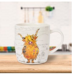 A fine china mug with artist Bug Art's colourful Hamish Highland Cow. 