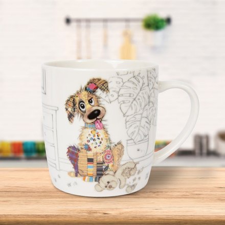 A fine china mug with artist Bug Art's colourful Murphy Mutt. 