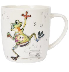 A funky white mug illustrated with Bug Art's Freddy the dancing frog.