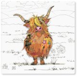A ceramic coaster with Highland Cow by Bug Art decal.