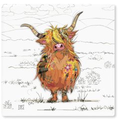 A ceramic coaster with Highland Cow by Bug Art decal.
