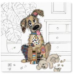 A ceramic coaster with Murphy Mutt by Bug Art decal.